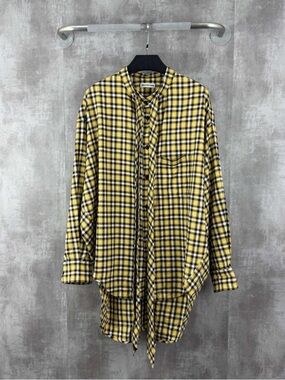 🚩steal authentic Balenciaga Yellow and Black Plaid Lace-Up Shirt